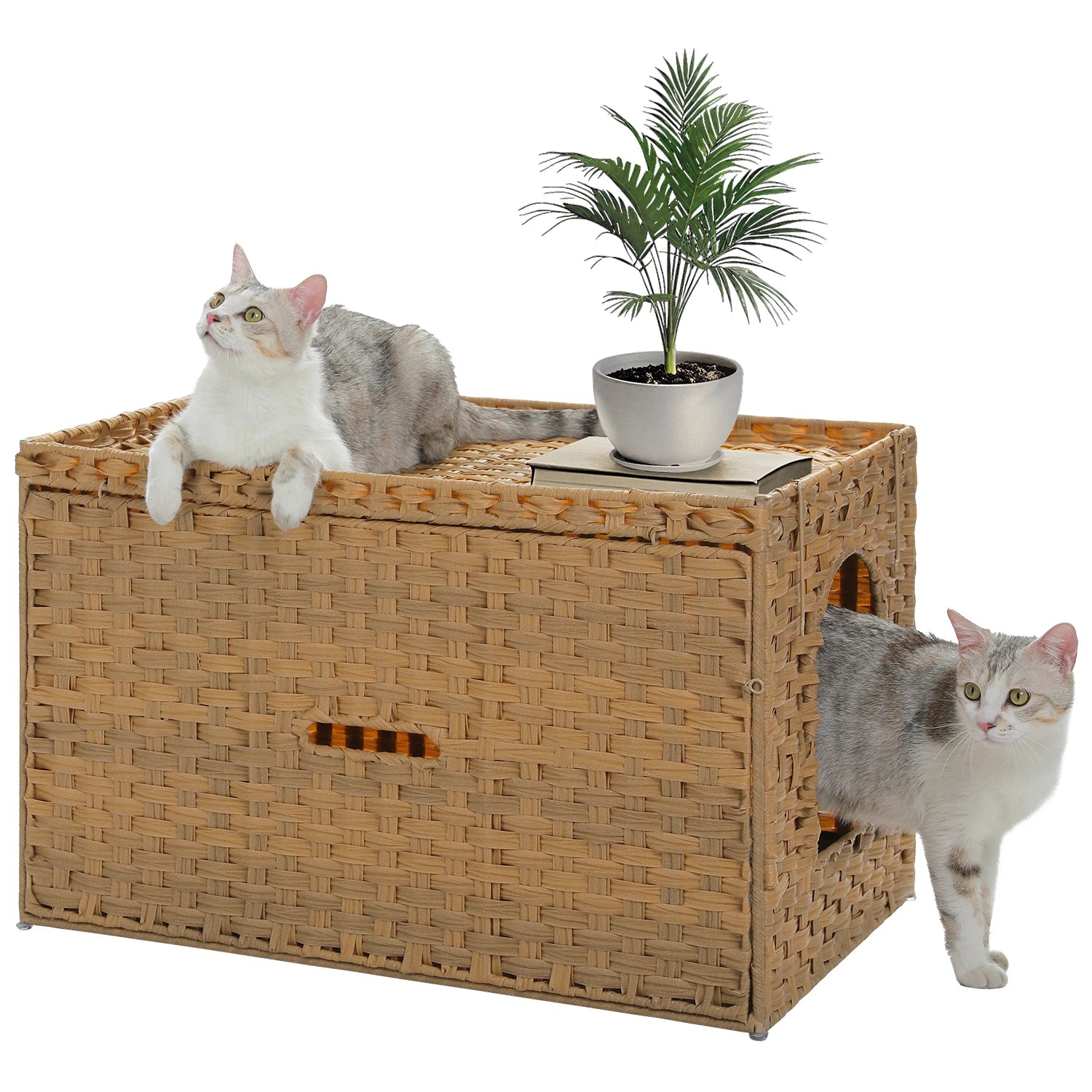 Rattan Cat Litter Box Enclosure Furniture with Door, Handwoven Rattan Hidden Litter Box Living Room Odor Control, Cat House Bed