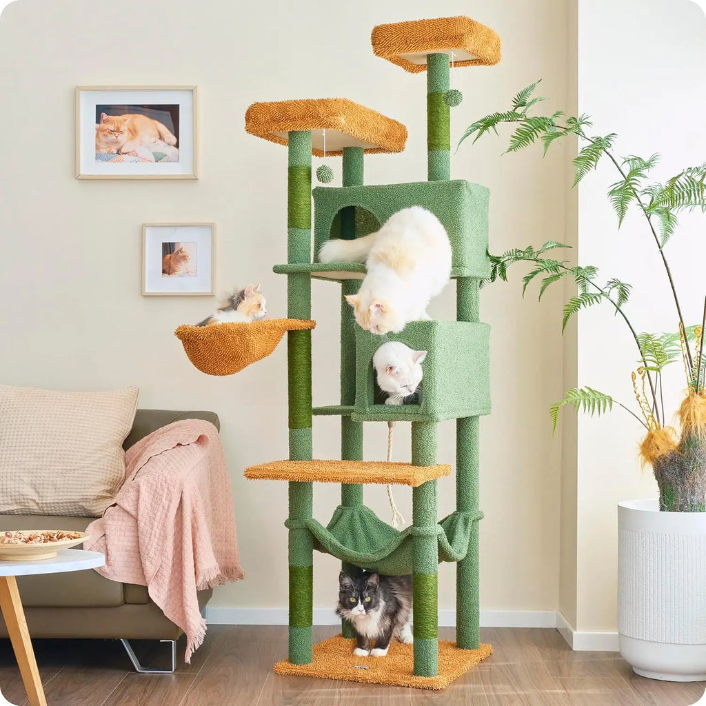 Cat Tree, 73.6 inch Cat Tower for Large Cat Indoor, 2 Top Perches with 1 Widened, 2 Condos with 1 Enlarged, Steel Frame Hammock
