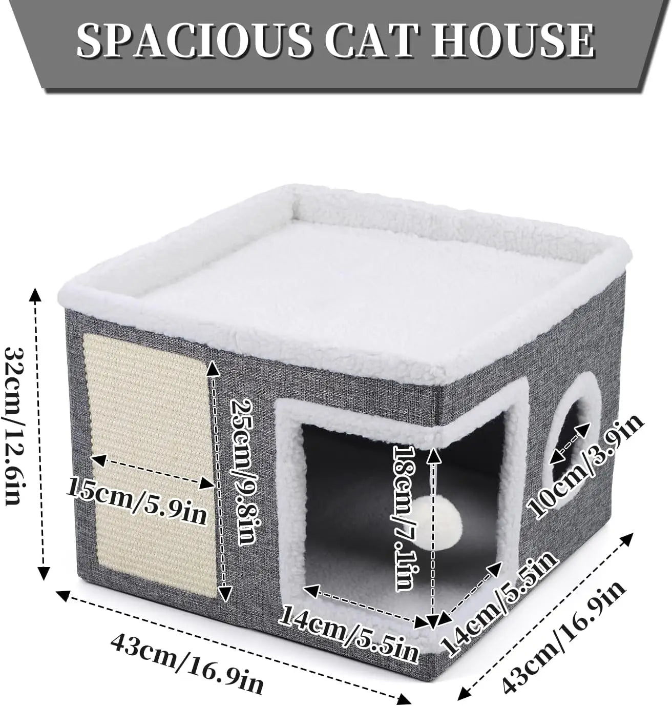 Cat Beds for Indoor Cats,Large Cat Cave with Cozy Condo,Fluffy Hanging Ball,Foldable Indoor Cat House Hold Up to 30LBS
