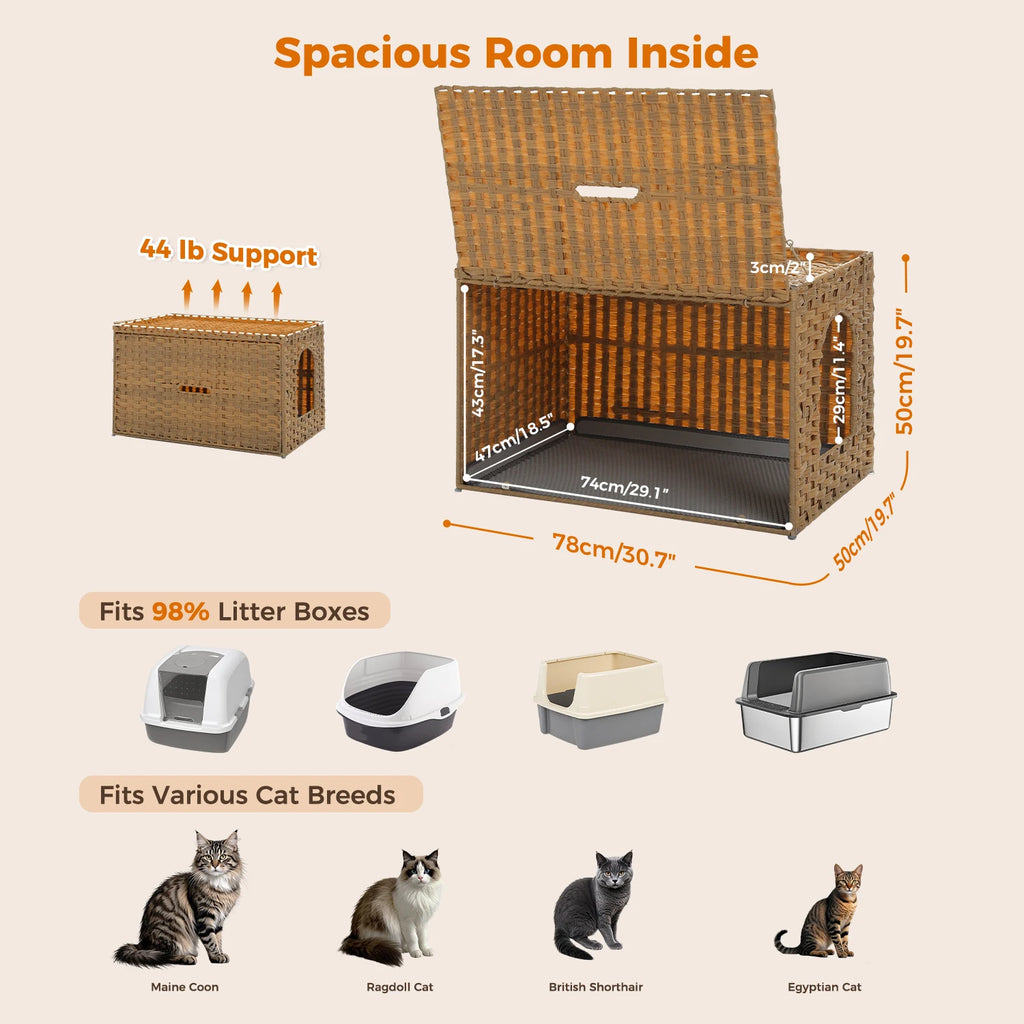 Rattan Cat Litter Box Enclosure Furniture with Door, Handwoven Rattan Hidden Litter Box Living Room Odor Control, Cat House Bed