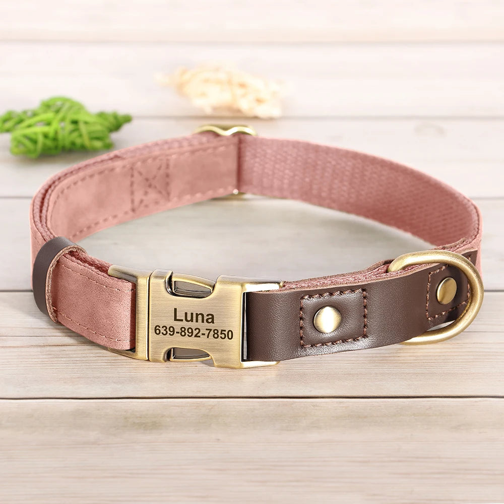 Custom PU Leather Dog Collar Engraved Adjustable Pet Buckle ID Necklace Durable for Small Medium Large Dogs