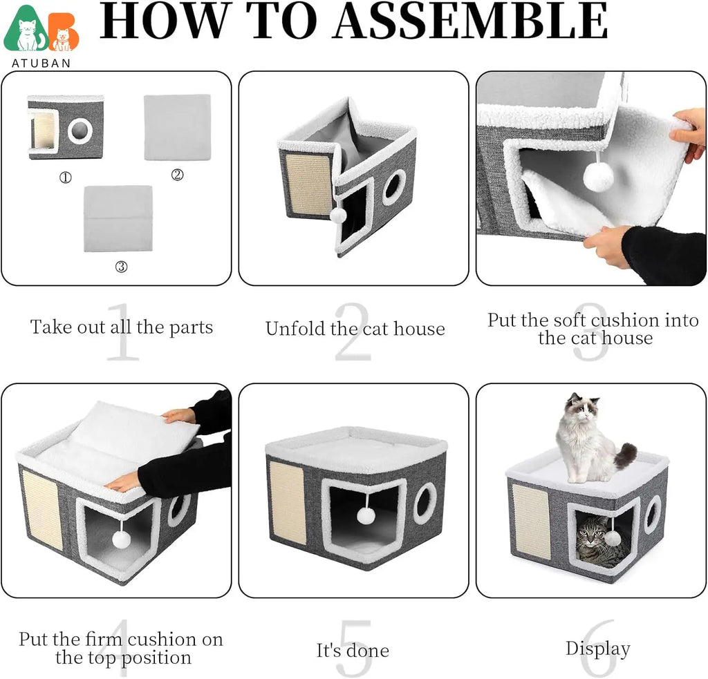 Cat Beds for Indoor Cats,Large Cat Cave with Cozy Condo,Fluffy Hanging Ball,Foldable Indoor Cat House Hold Up to 30LBS