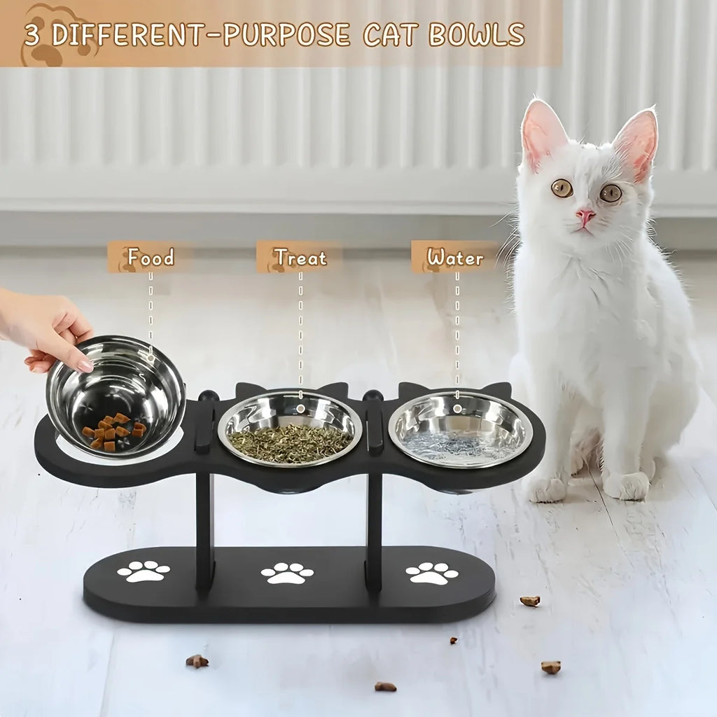 Elevated Bowls 15° Tilted Raised Food Bowls with Wooden Stand Anti Vomiting 3 Stainless Steel Bowls for Cats and Puppy