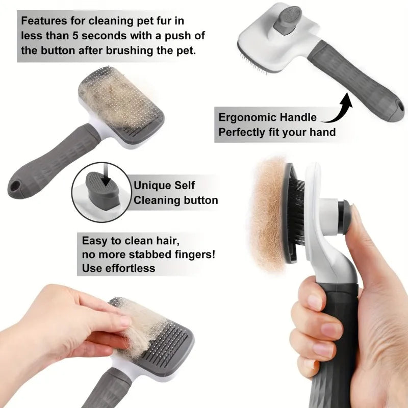Dual-Use Dog & Cat Grooming Brush (20×10×5.5cm) - Self-Cleaning Slicker Comb with Round-Tip Bent Needles, Ergonomic Handle
