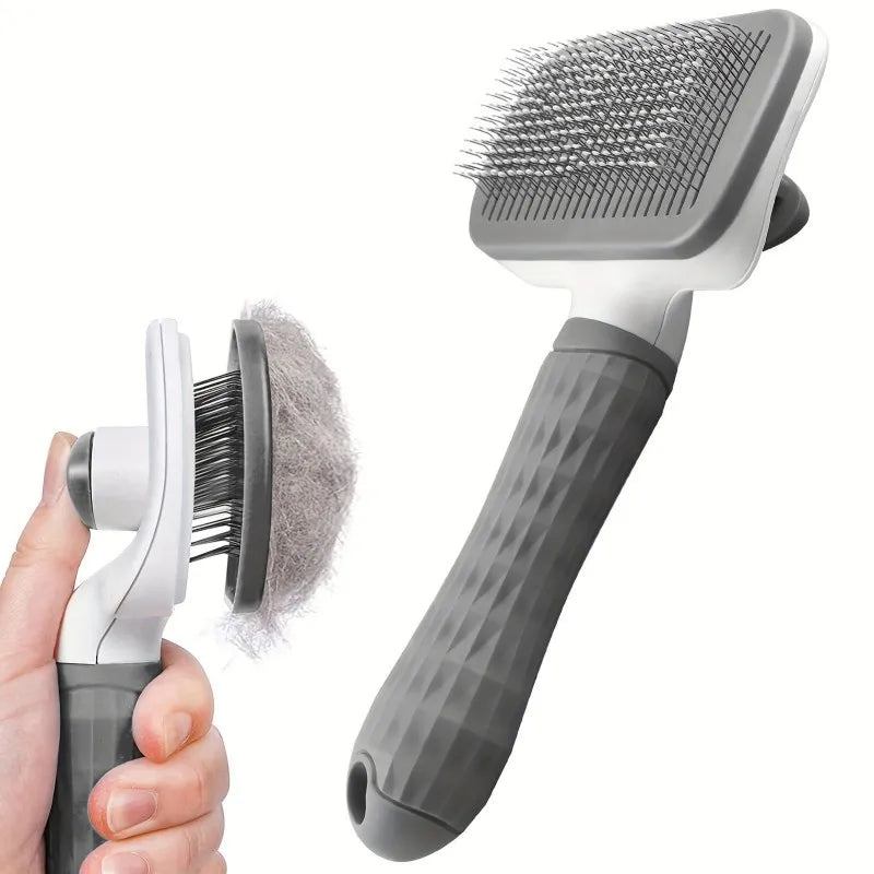 Dual-Use Dog & Cat Grooming Brush (20×10×5.5cm) - Self-Cleaning Slicker Comb with Round-Tip Bent Needles, Ergonomic Handle