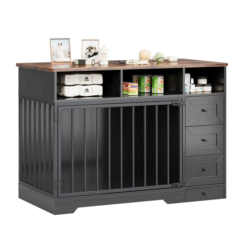 48 Inch Large Farmhouse Wooden Dog Crate Furniture With 6 Storage Drawers Feeding Station Heavy Duty Dog Kennel End Table