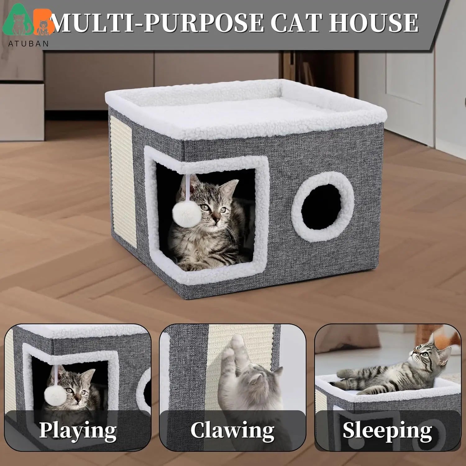 Cat Beds for Indoor Cats,Large Cat Cave with Cozy Condo,Fluffy Hanging Ball,Foldable Indoor Cat House Hold Up to 30LBS