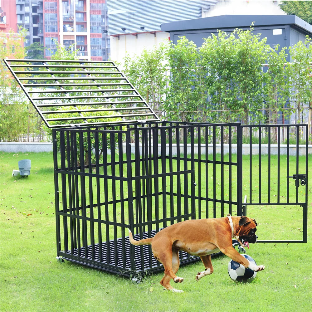 XXL Large Heavy Duty Dog Crate Strong Pet Cage Tear Resistant Square Tube Metal Kennel Playpen with Lockable Wheels and Tray