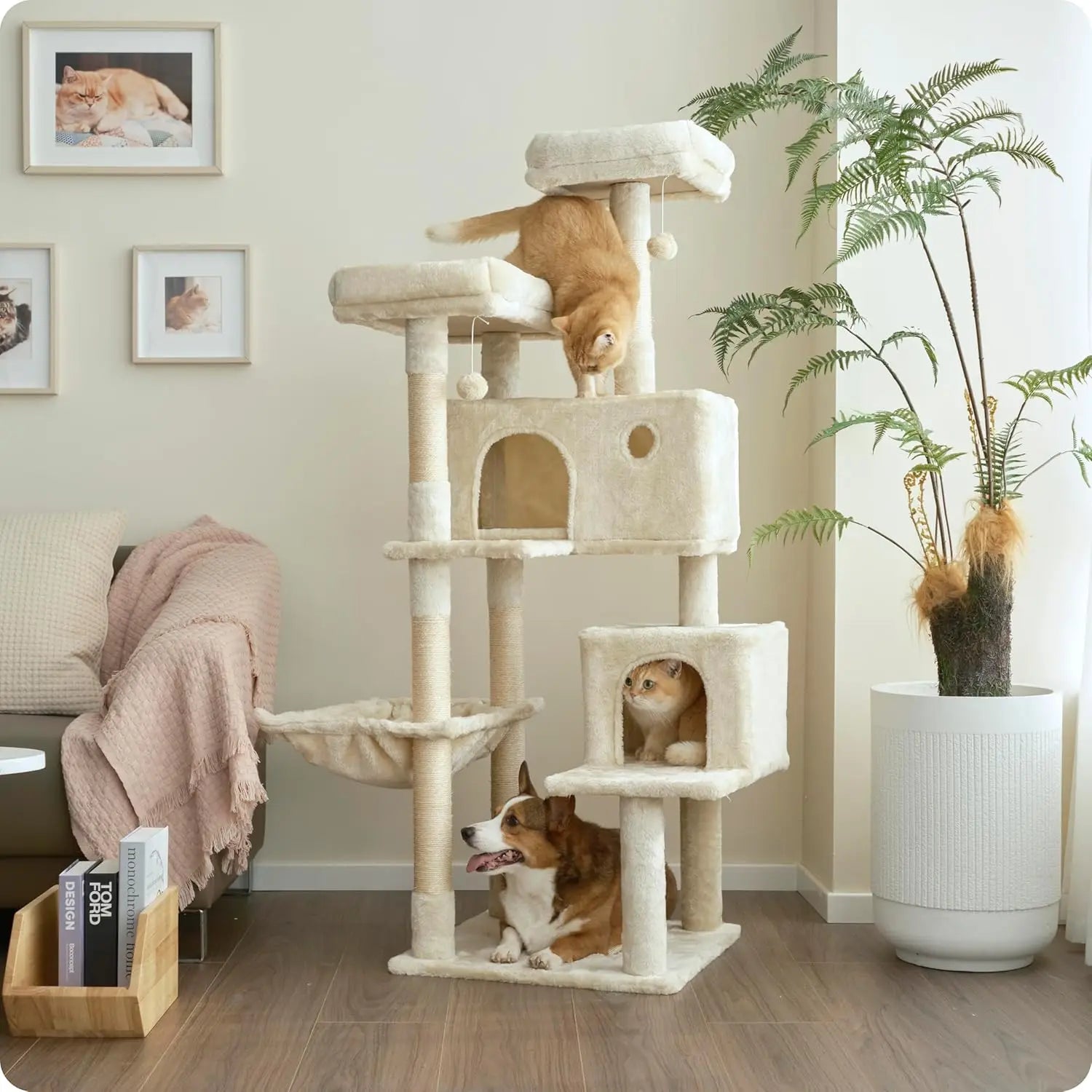 Cat Tree, 73.6 inch Cat Tower for Large Cat Indoor, 2 Top Perches with 1 Widened, 2 Condos with 1 Enlarged, Steel Frame Hammock