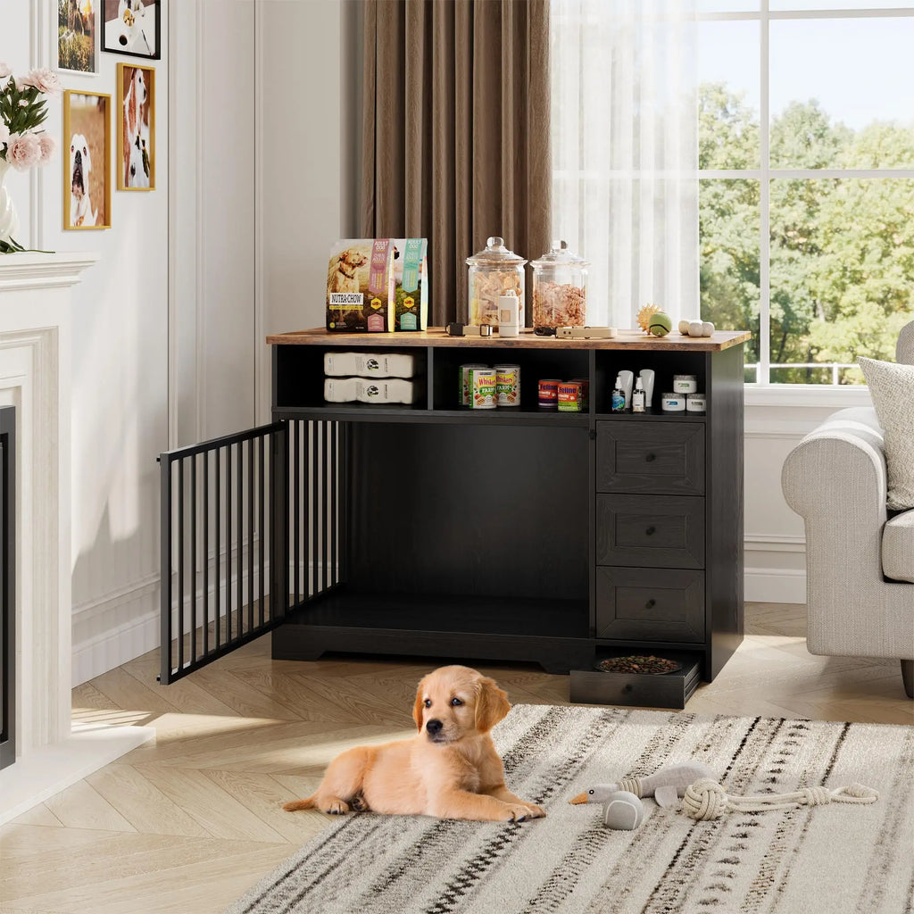 48 Inch Large Farmhouse Wooden Dog Crate Furniture With 6 Storage Drawers Feeding Station Heavy Duty Dog Kennel End Table