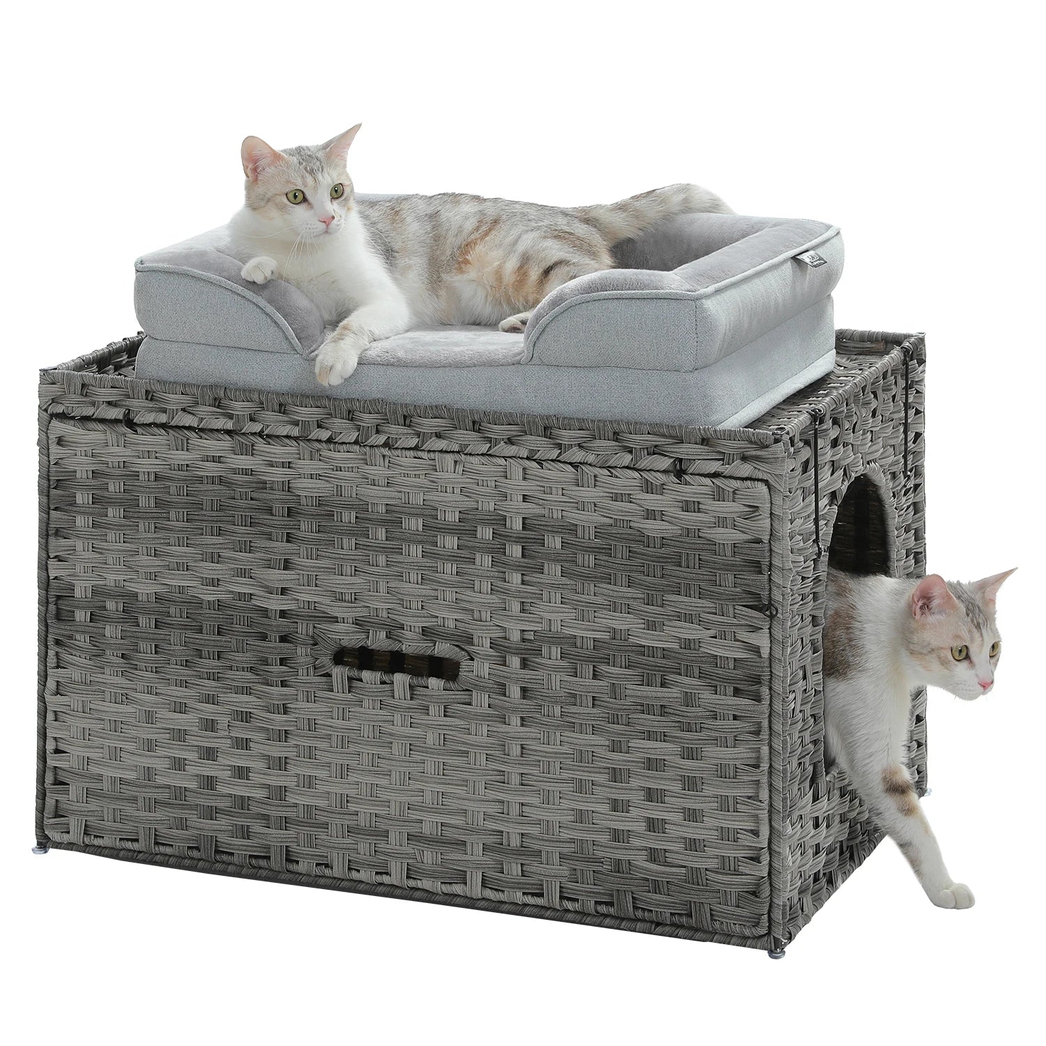 Rattan Cat Litter Box Enclosure Furniture with Door, Handwoven Rattan Hidden Litter Box Living Room Odor Control, Cat House Bed