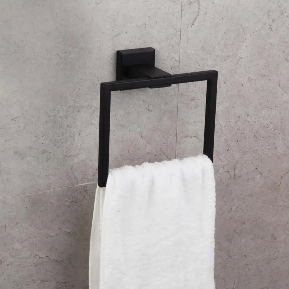 Square Towel Ring Matte Black Hand Towel Holder, Stainless Steel Towel Rack for Bathroom Wall Mounted Kitchen Towel Holder