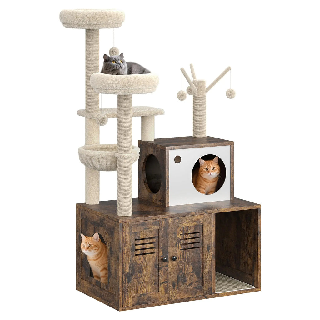 Modern Wooden Cat Tree With Hidden Litter Box Multi-Level Cat Condo Furniture Scratching Posts & Litter Cabinet For Indoor Cats