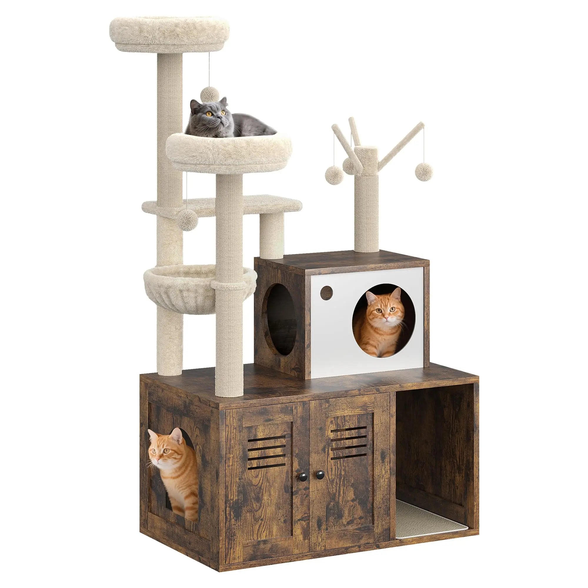 Modern Wooden Cat Tree With Hidden Litter Box Multi-Level Cat Condo Furniture Scratching Posts & Litter Cabinet For Indoor Cats