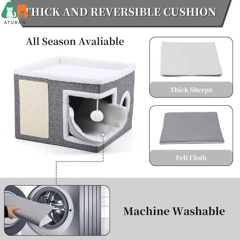 Cat Beds for Indoor Cats,Large Cat Cave with Cozy Condo,Fluffy Hanging Ball,Foldable Indoor Cat House Hold Up to 30LBS