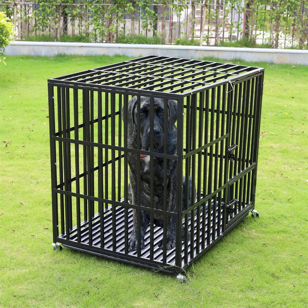 XXL Large Heavy Duty Dog Crate Strong Pet Cage Tear Resistant Square Tube Metal Kennel Playpen with Lockable Wheels and Tray