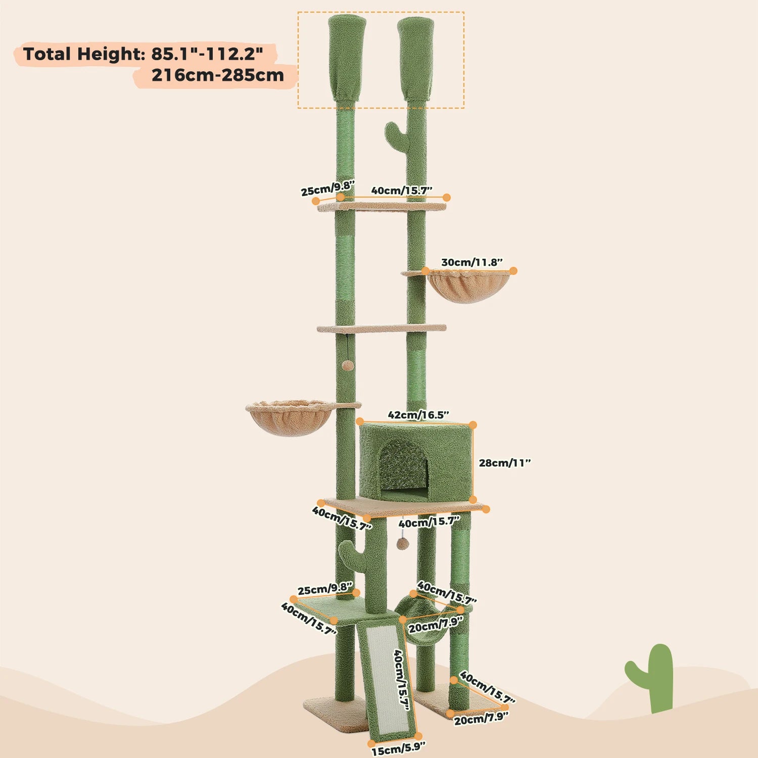 Floor to Ceiling Cat Tree with Sisal Scratching Posts Cozy Condo Hammock Adjustable Height Tall Cat Tower for Indoor Cat Toys