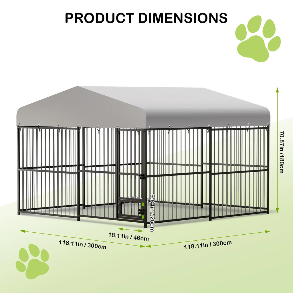 Large Dog Kennel Outside Heavy-Duty Outdoor Dog Cage Walk-in Pet Playpen with Roof， Double Lock, Enclosures with UV-Resistant