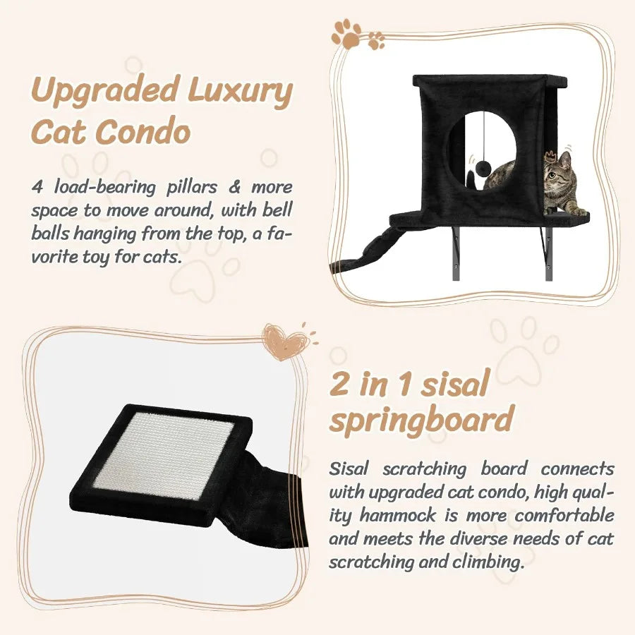 7-in-1 Wall Mounted Cat Climber Set with Integrated House Tunnel Bridge Steps Scratcher Hammock and Multiple Shelves Designed f
