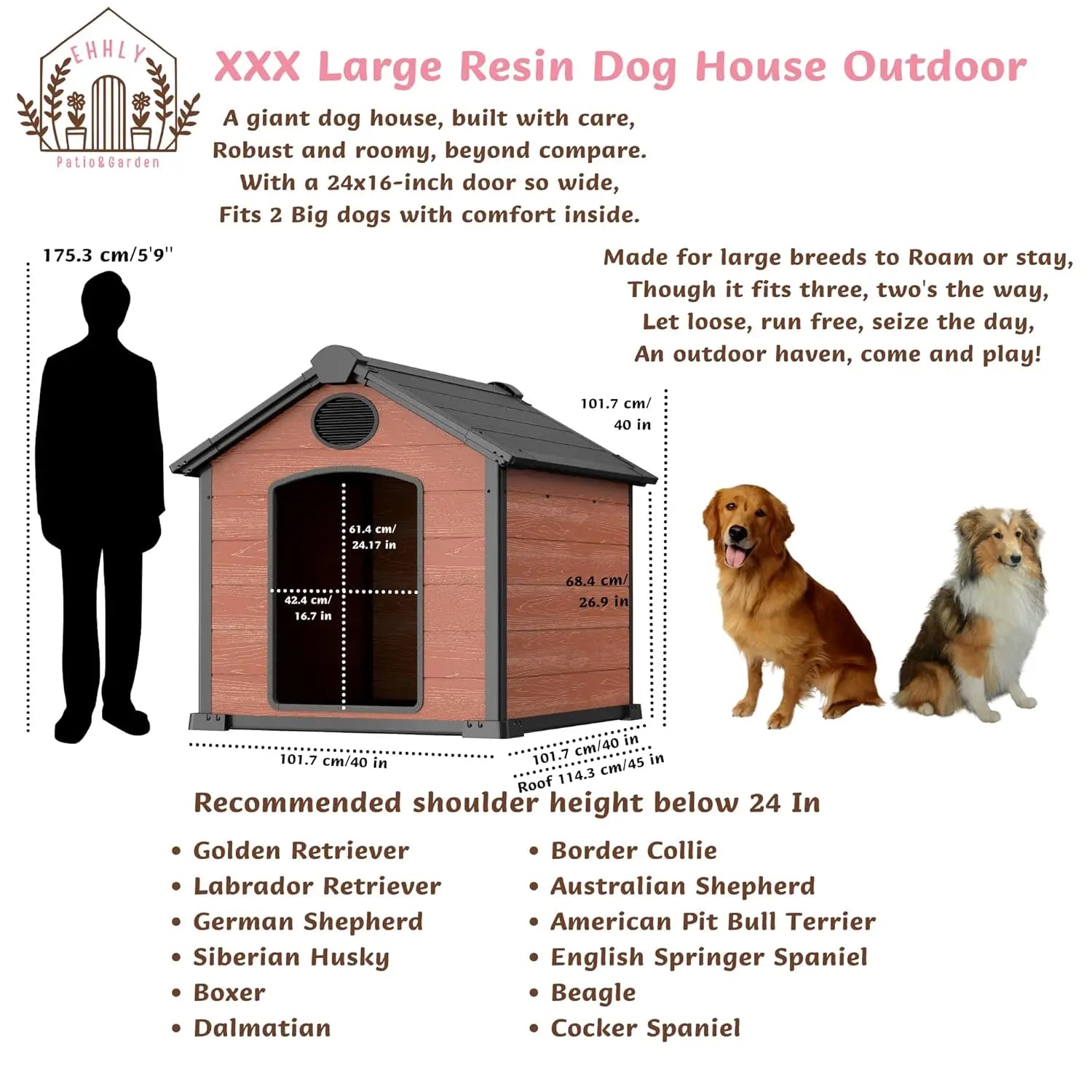 46" Large Dog House Outdoor Weatherproof, 3XL Big Dog House for 2 Large Dogs Outside, Insulated Igloo Pet House with Floor