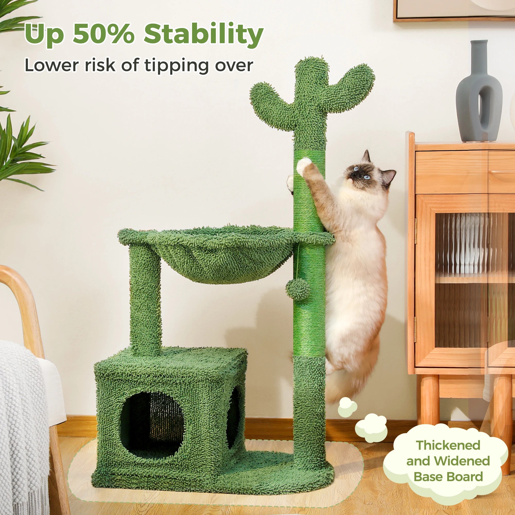 Cactus Cat Tree with Lagre Condo, Hammock, Dangling Ball, Small Cat Tower, Cat Scratching Post for Indoor, Cat Toys