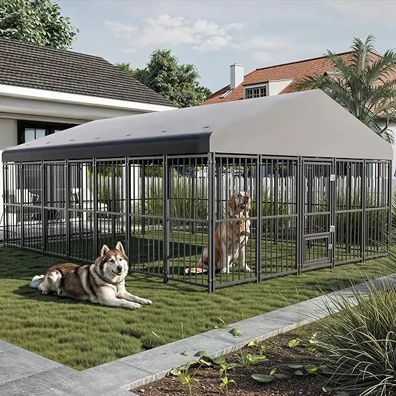Heavy-Duty Outdoor Dog Kennel - 10x14FT Enclosed Run with Roof, Feeding Door, and Double Locks for Pet Safety