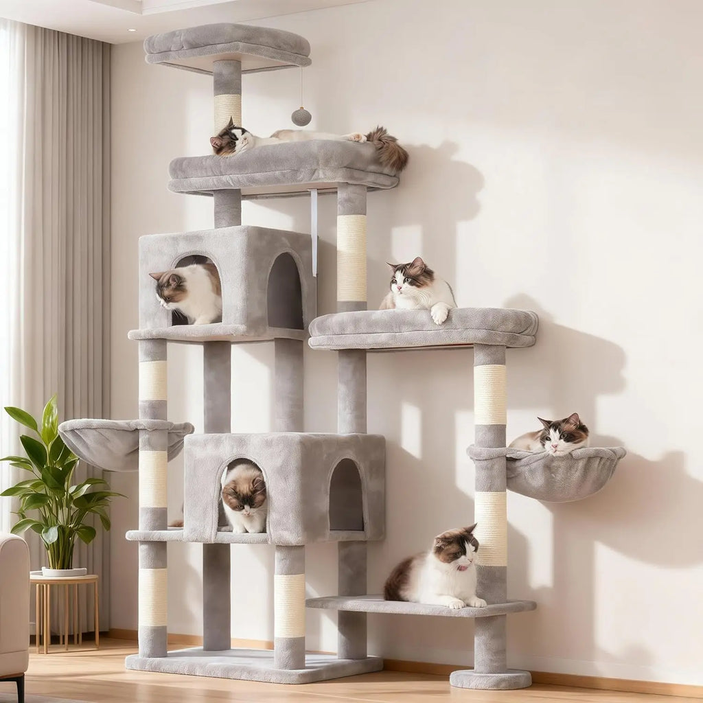 70-Inch Cat Tree Tower with Rotatable Extension, Large Beds, Condos, Hammocks for Indoor Cats in Light Gray
