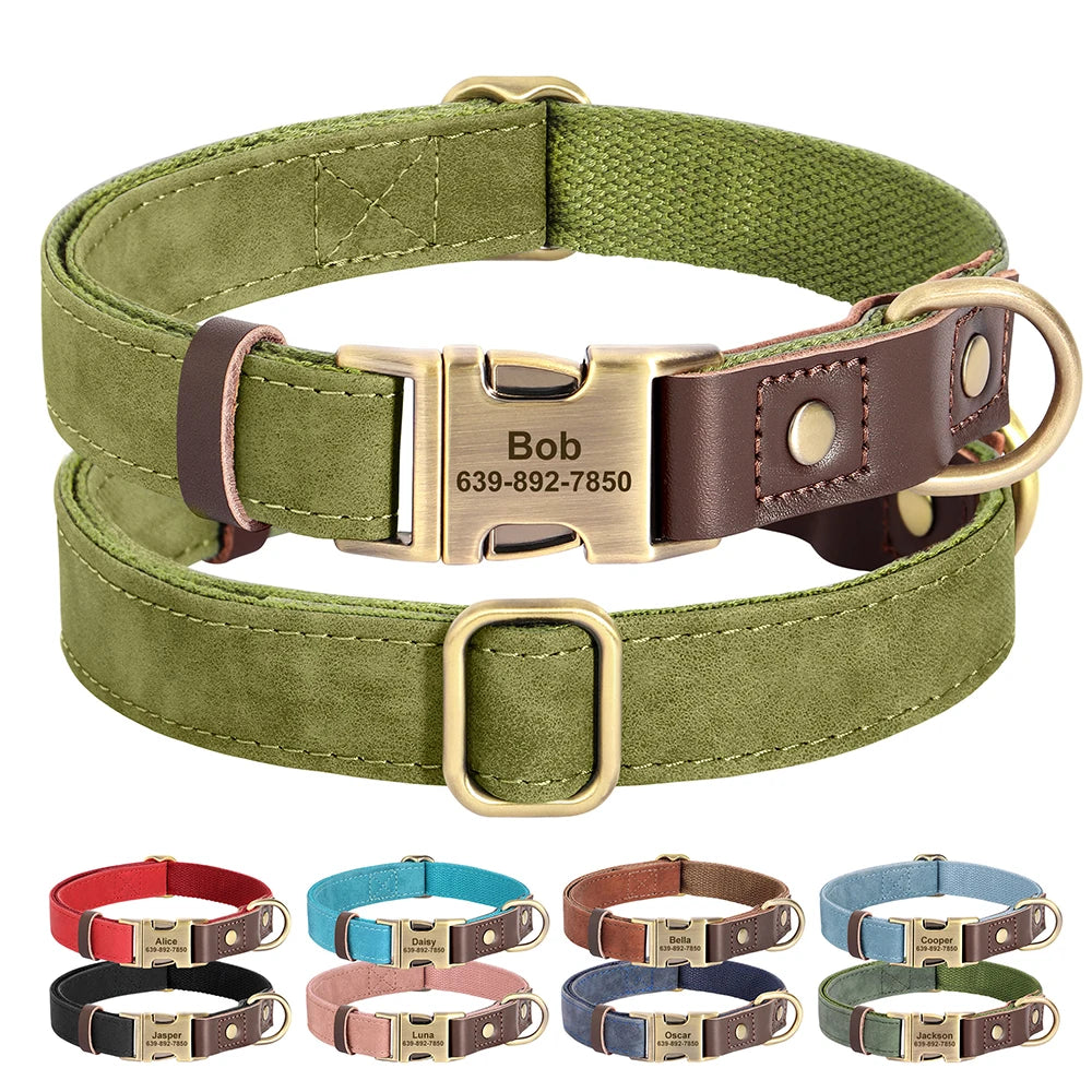 Custom PU Leather Dog Collar Engraved Adjustable Pet Buckle ID Necklace Durable for Small Medium Large Dogs