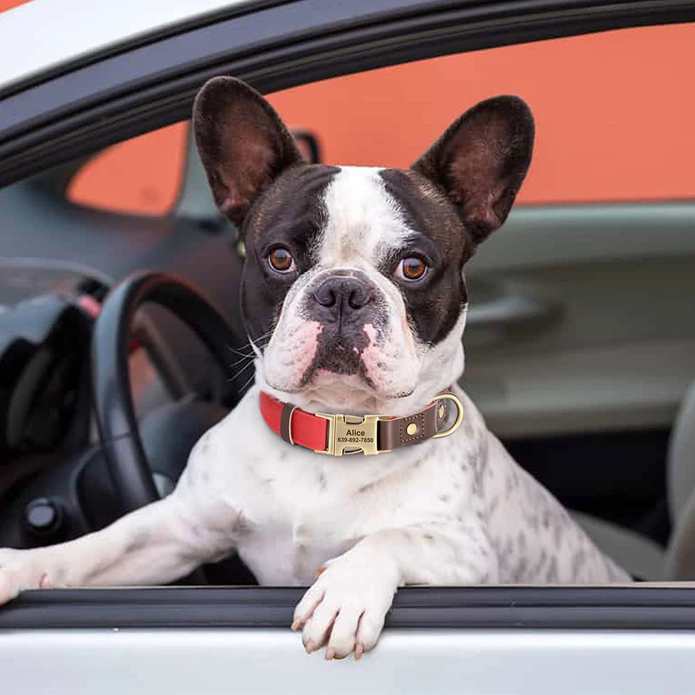 Custom PU Leather Dog Collar Engraved Adjustable Pet Buckle ID Necklace Durable for Small Medium Large Dogs