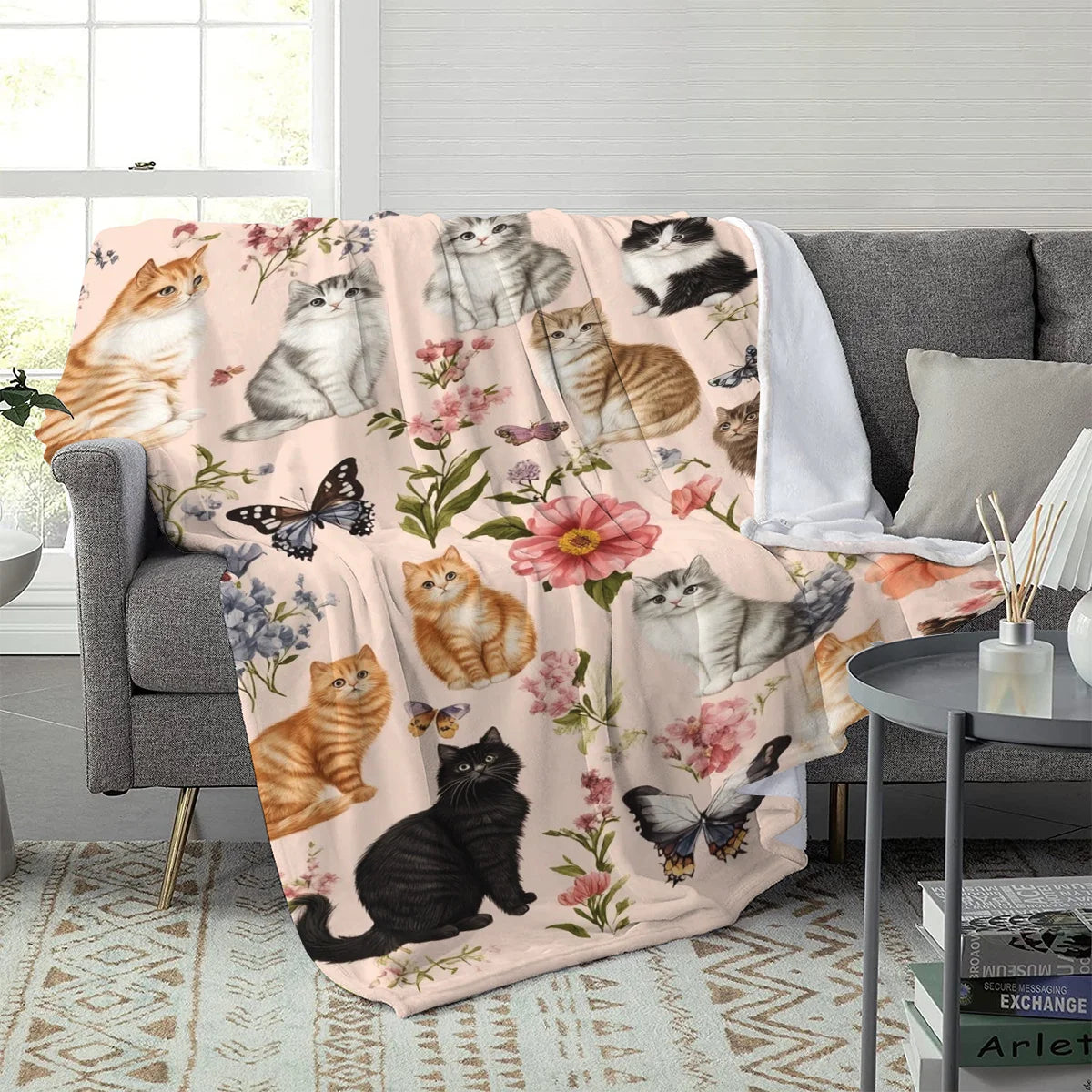 Cozy Cat Butterfly Floral Throw Blanket - Soft Flannel All-Season Comfort Multi-Color Design Perfect for Bedroom or Sofa Decor