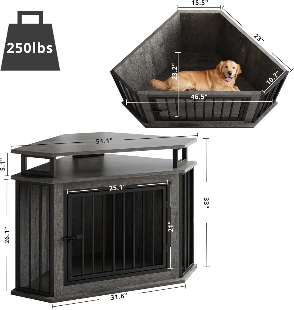 51" Corner Wooden Dog Crate with 2-Tier Shelves, Large Pet Kennel Furniture, Space-Saving Indoor Cage