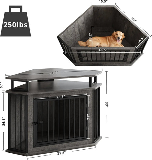 51" Corner Wooden Dog Crate with 2-Tier Shelves, Large Pet Kennel Furniture, Space-Saving Indoor Cage