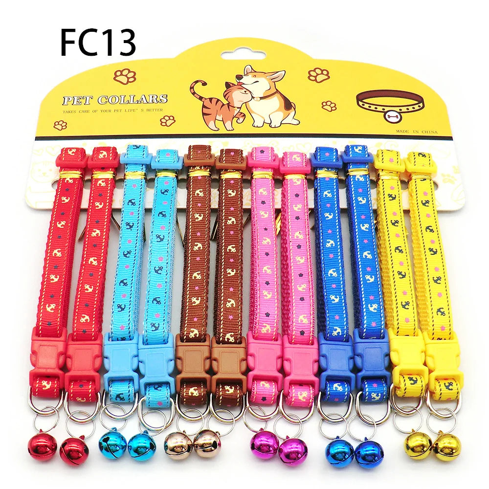 12Pcs Wholesale Mix Color Anti-Lost Dog Collars Pet Cat Puppy Buckle Collar with Bell 6 Colors Footprint