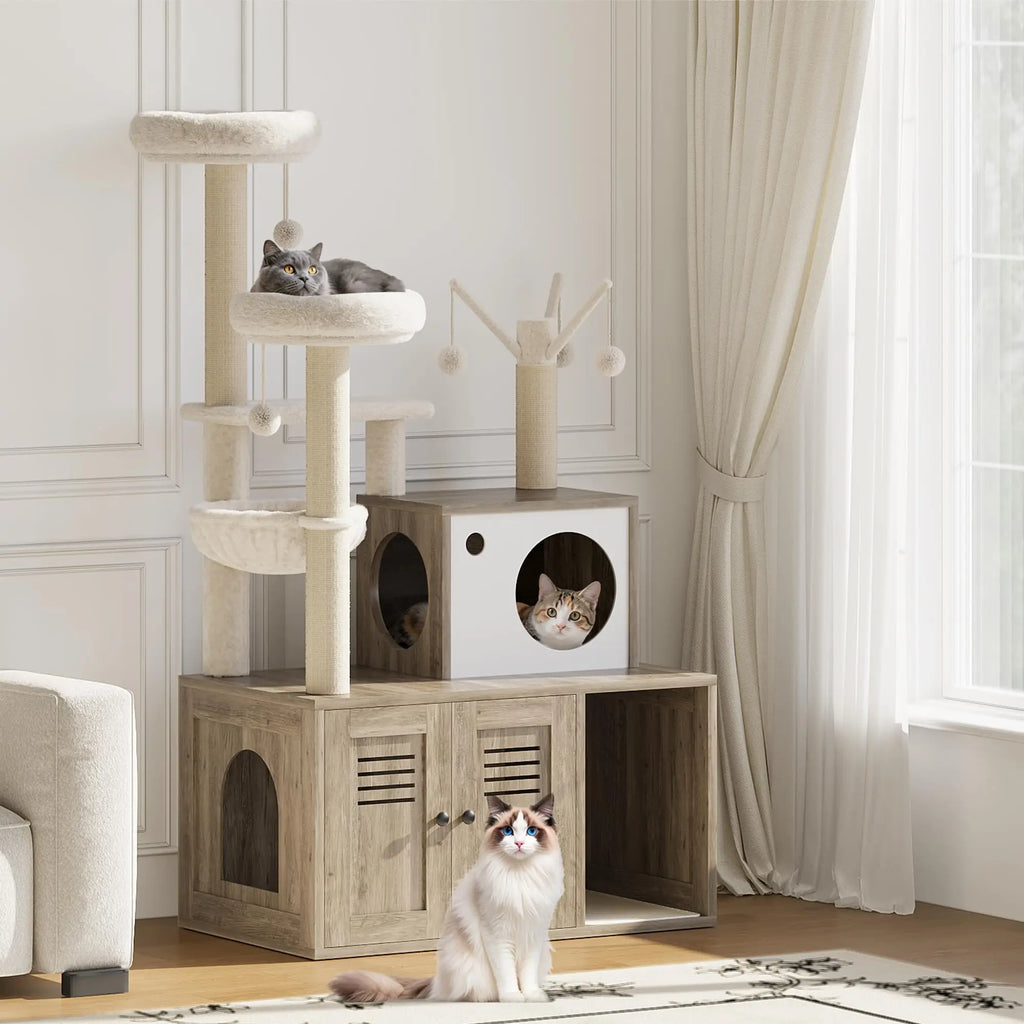 Modern Wooden Cat Tree With Hidden Litter Box Multi-Level Cat Condo Furniture Scratching Posts & Litter Cabinet For Indoor Cats
