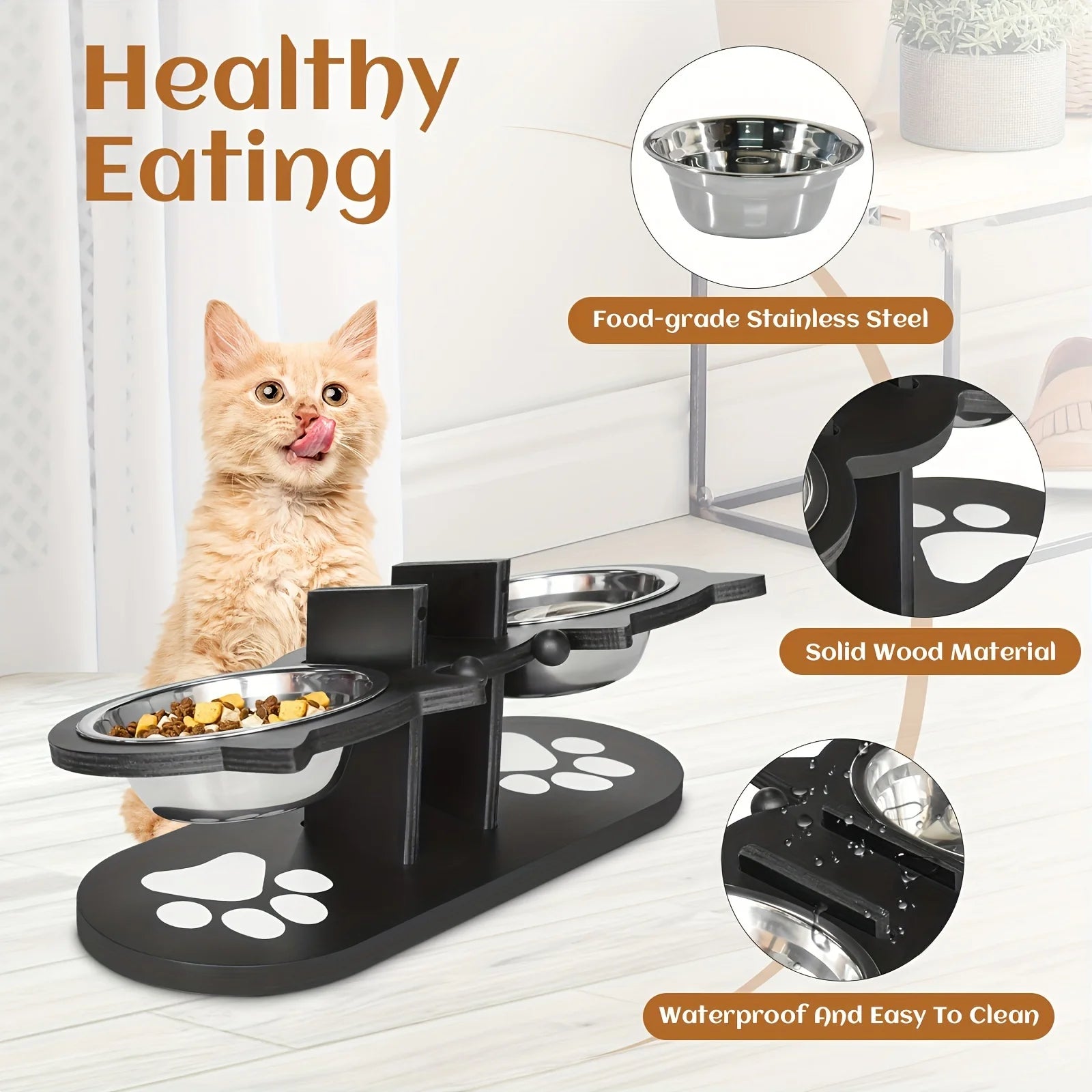 Elevated Bowls 15° Tilted Raised Food Bowls with Wooden Stand Anti Vomiting 3 Stainless Steel Bowls for Cats and Puppy