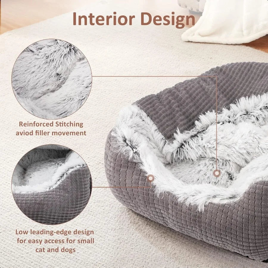 Small cats and dogs Rec Hooded Blanket dog Bed Luxury Orthopedic Cat Beds for Indoor Warmth and Washable 2