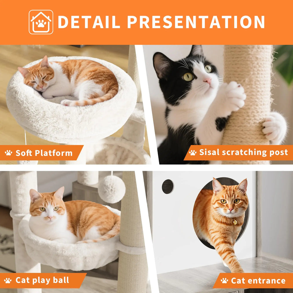 Modern Wooden Cat Tree With Hidden Litter Box Multi-Level Cat Condo Furniture Scratching Posts & Litter Cabinet For Indoor Cats