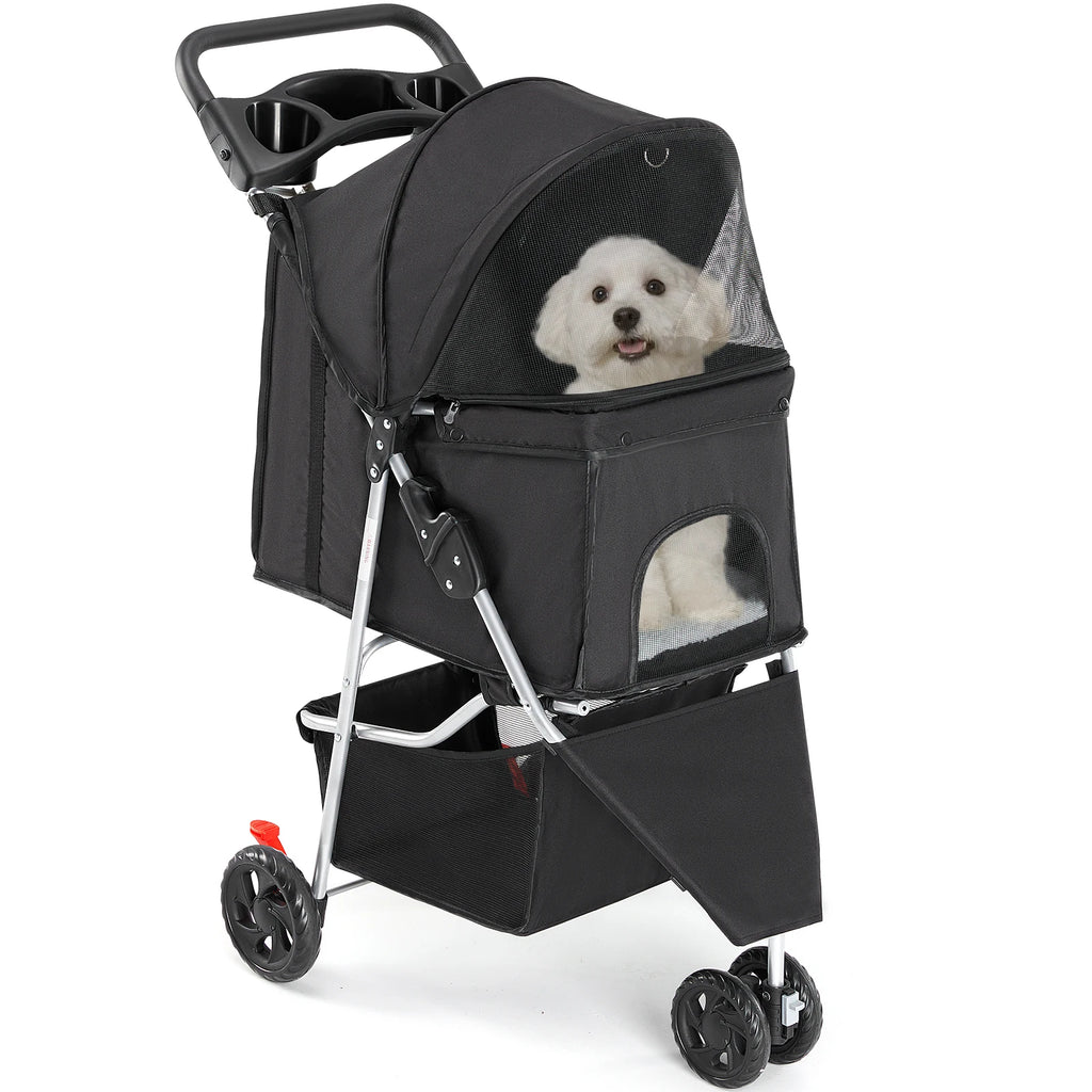 JHK 3 Wheels Foldable Pet Stroller for Small Dogs and Cats Stroller with Mesh Windows Storage Basket Cup Holder for Outdoor Use