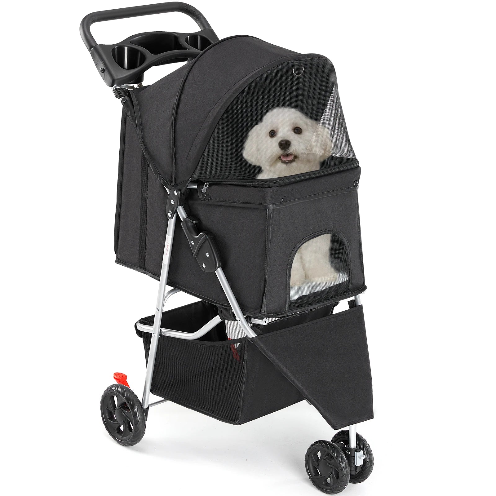 JHK 3 Wheels Foldable Pet Stroller for Small Dogs and Cats Stroller with Mesh Windows Storage Basket Cup Holder for Outdoor Use