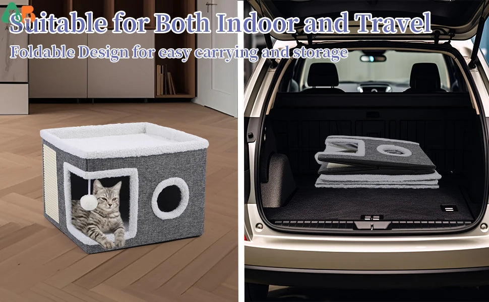 Cat Beds for Indoor Cats,Large Cat Cave with Cozy Condo,Fluffy Hanging Ball,Foldable Indoor Cat House Hold Up to 30LBS