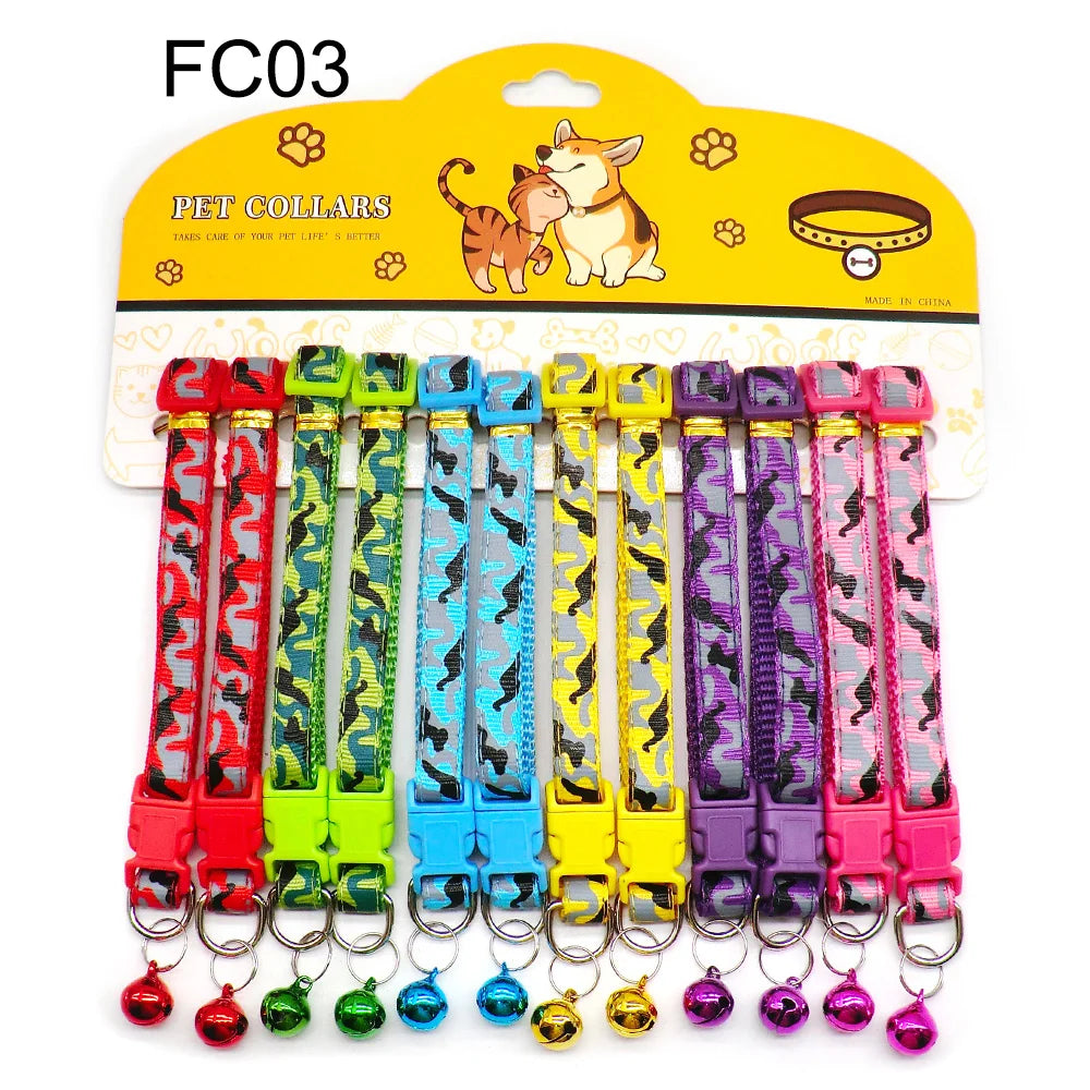 12Pcs Wholesale Mix Color Anti-Lost Dog Collars Pet Cat Puppy Buckle Collar with Bell 6 Colors Footprint