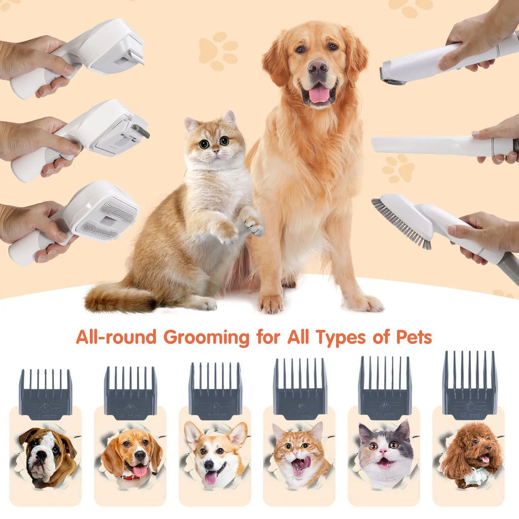 Pet Shavers Grooming Kit & Vacuum Suction 99% Pet Hair Professional Clippers with 6 Sizes Guide Combs Long or Short Hair Cat Dog