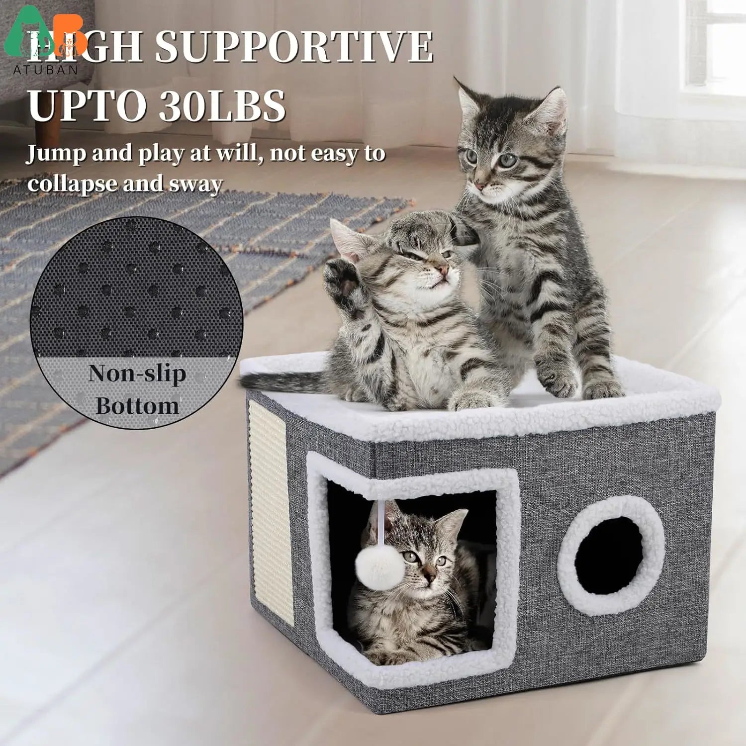 Cat Beds for Indoor Cats,Large Cat Cave with Cozy Condo,Fluffy Hanging Ball,Foldable Indoor Cat House Hold Up to 30LBS