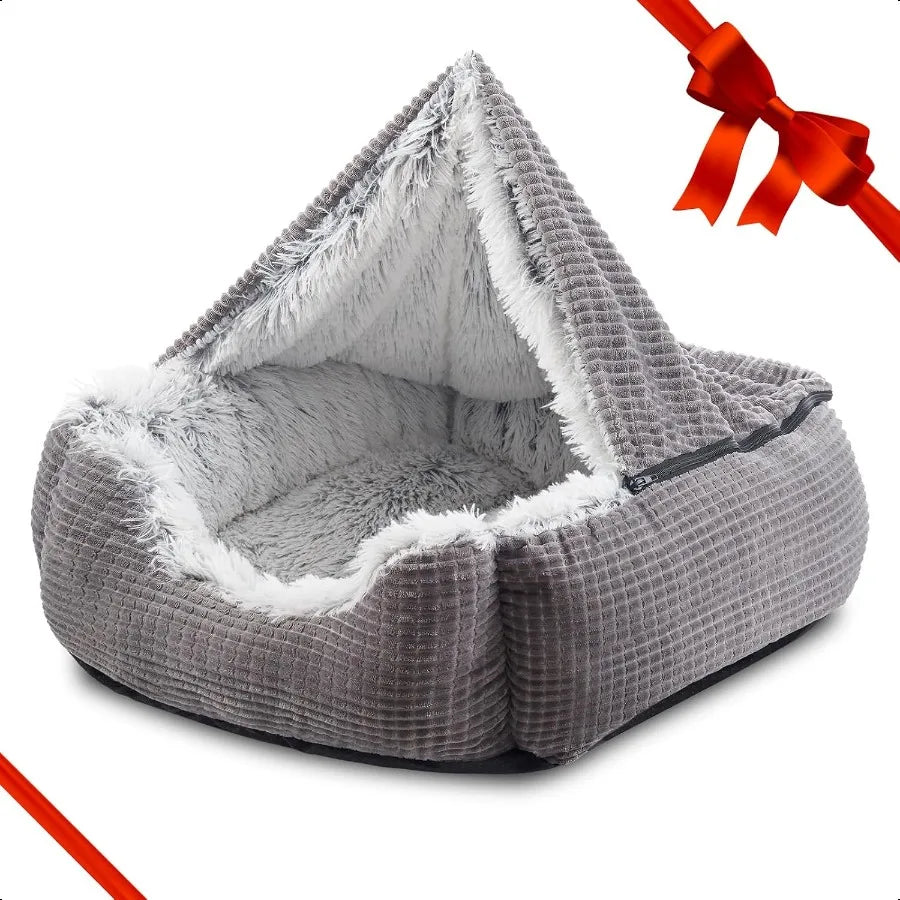 Small cats and dogs Rec Hooded Blanket dog Bed Luxury Orthopedic Cat Beds for Indoor Warmth and Washable 2