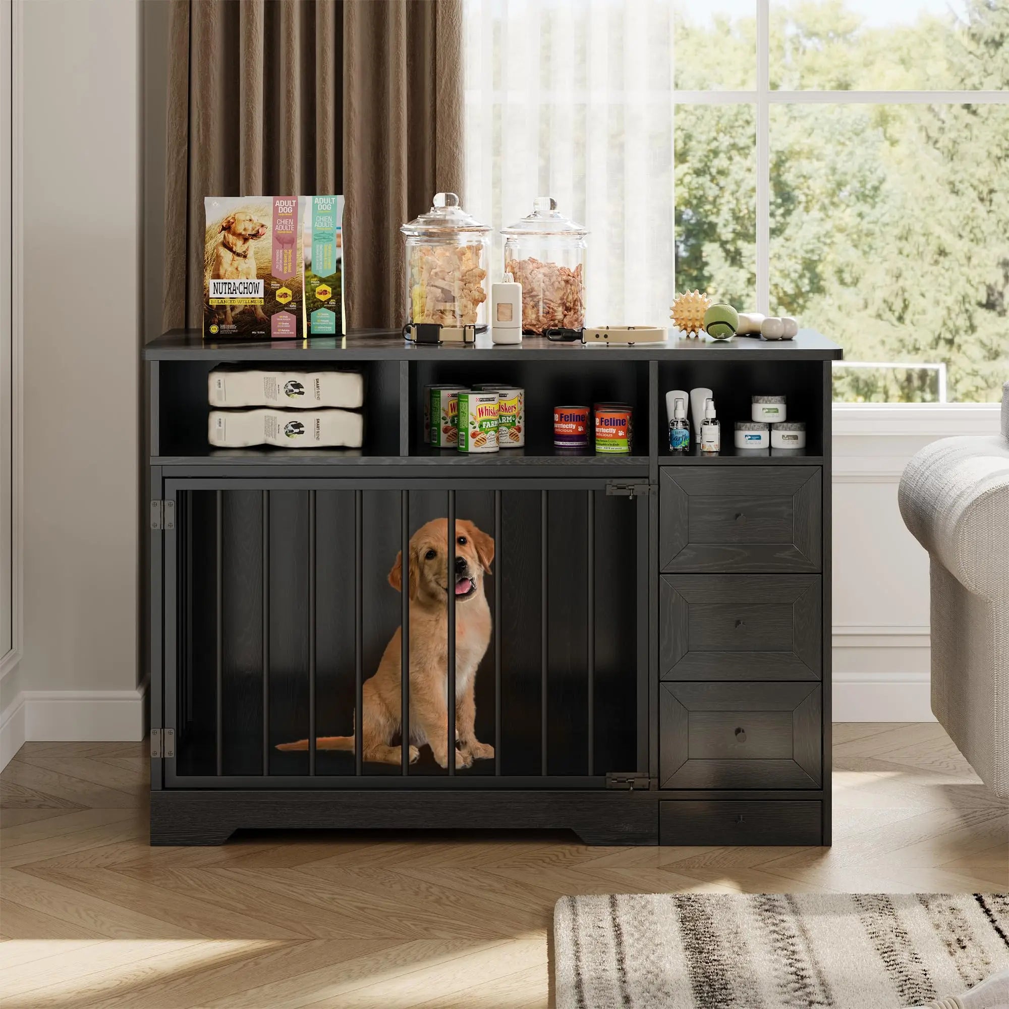 48 Inch Large Farmhouse Wooden Dog Crate Furniture With 6 Storage Drawers Feeding Station Heavy Duty Dog Kennel End Table