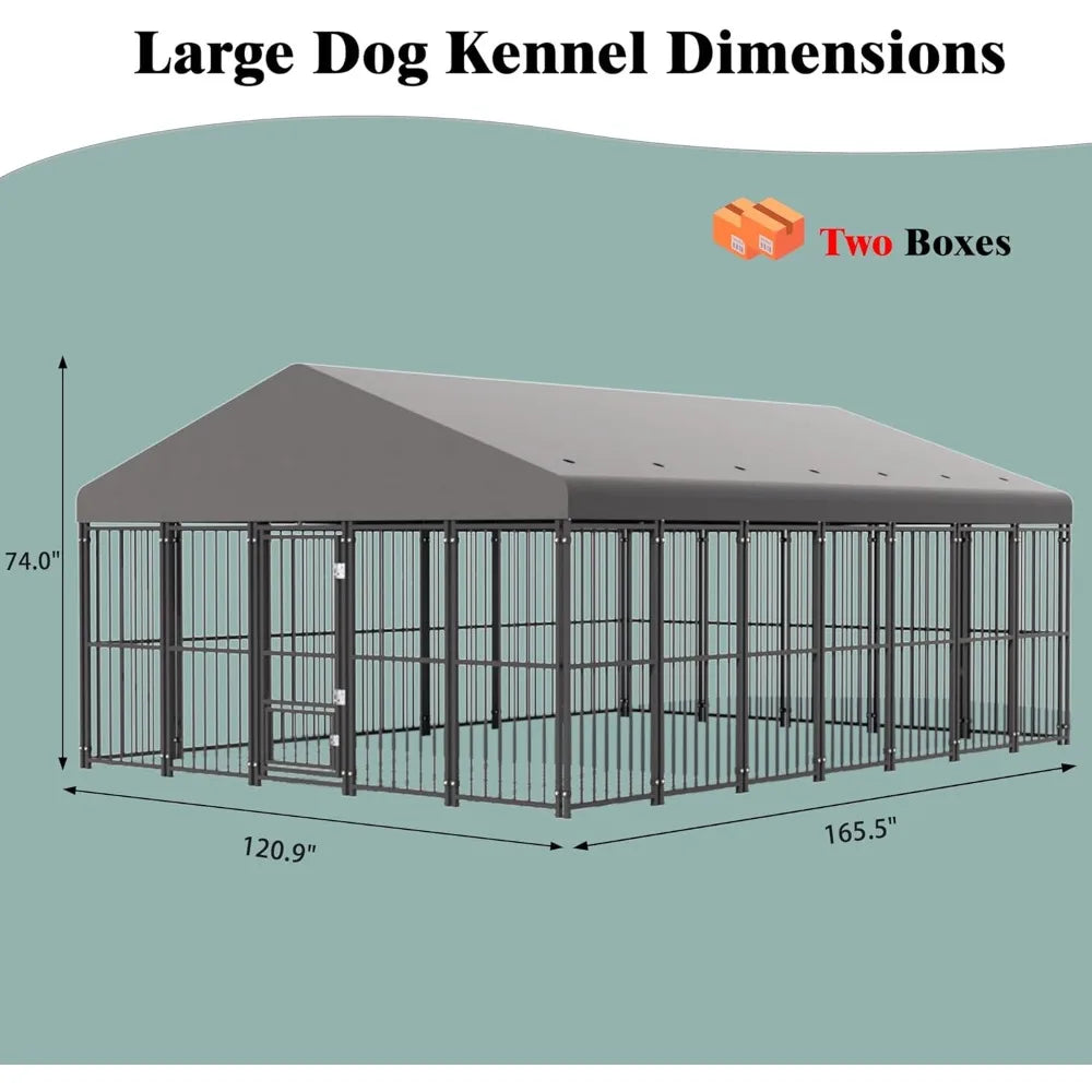 Heavy-Duty Outdoor Dog Kennel - 10x14FT Enclosed Run with Roof, Feeding Door, and Double Locks for Pet Safety