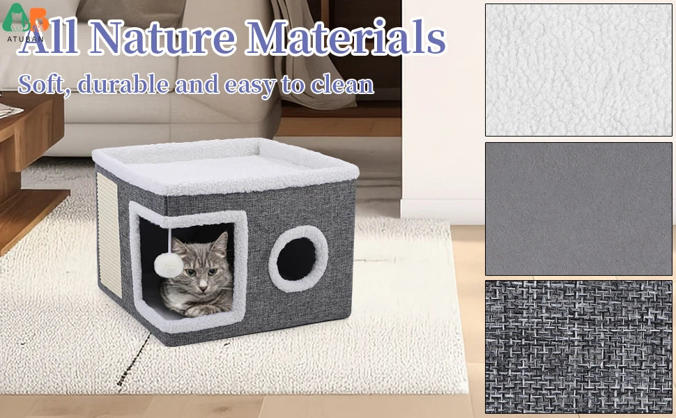 Cat Beds for Indoor Cats,Large Cat Cave with Cozy Condo,Fluffy Hanging Ball,Foldable Indoor Cat House Hold Up to 30LBS