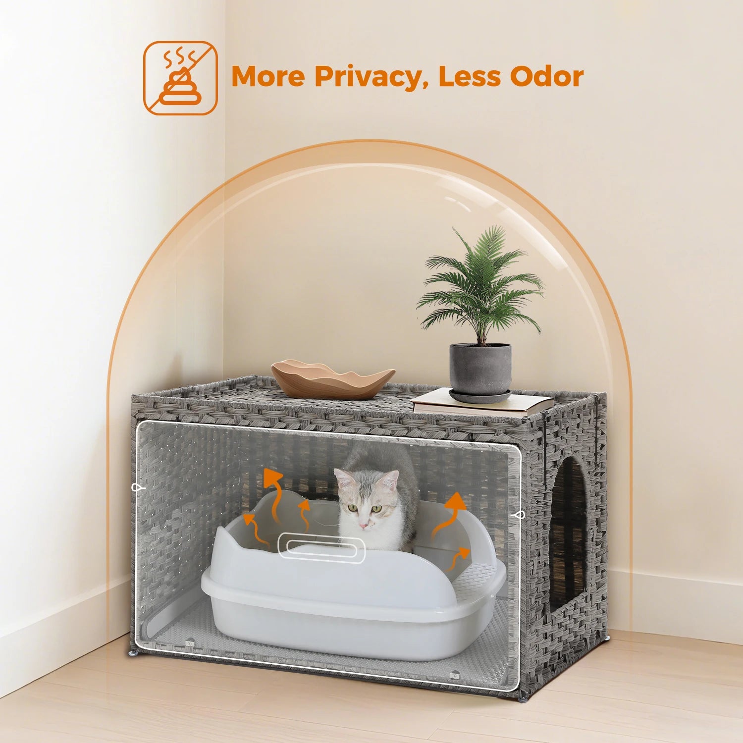 Rattan Cat Litter Box Enclosure Furniture with Door, Handwoven Rattan Hidden Litter Box Living Room Odor Control, Cat House Bed