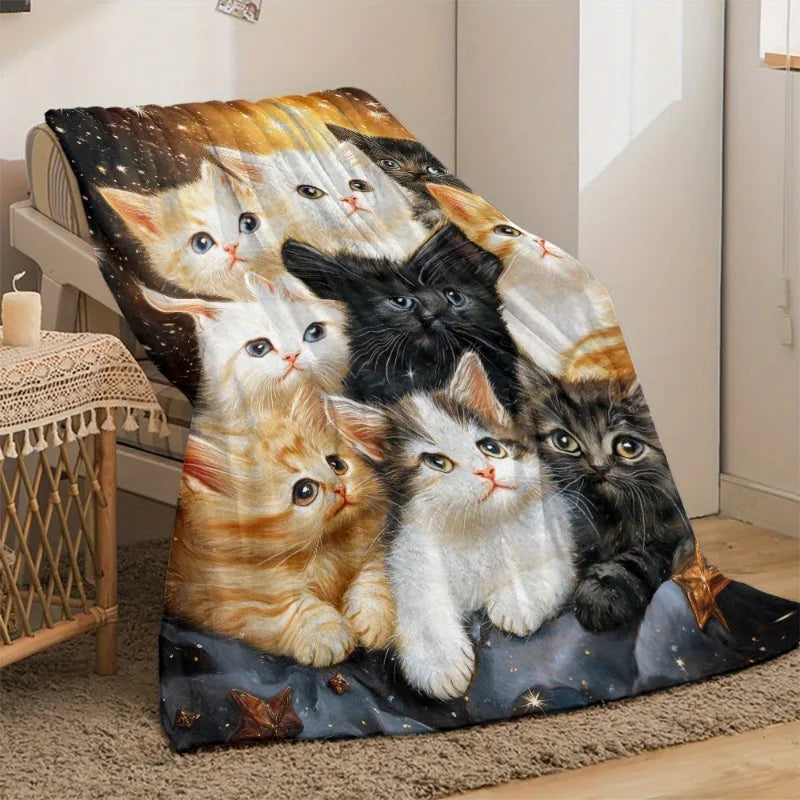 1pc Multicolor Cat Flannel Throw Blanket All-Season Warm Lightweight Digital Print for Sofa Bed Travel Office Living Room