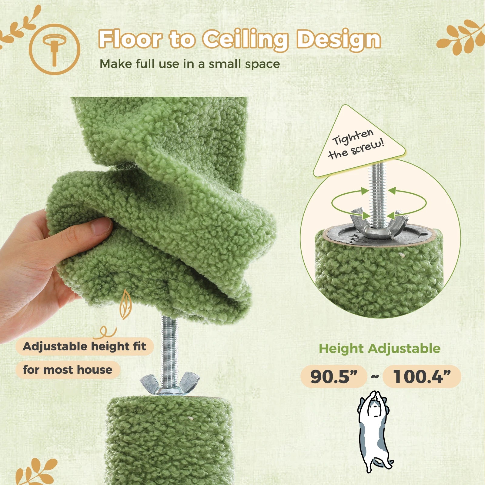 Floor to Ceiling Cat Tree with Sisal Scratching Posts Cozy Condo Hammock Adjustable Height Tall Cat Tower for Indoor Cat Toys